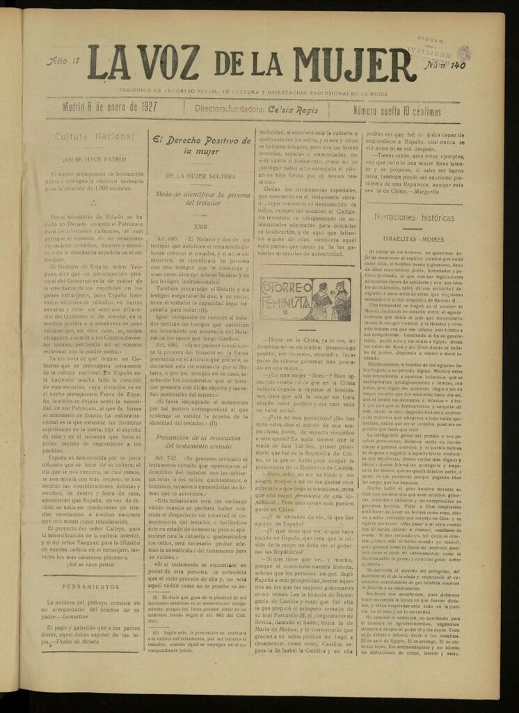 Miniatura de La Voz de la Mujer: revista mensual dedicada a la defensa de la mujer española del 8 de enero de 1927, nº 140