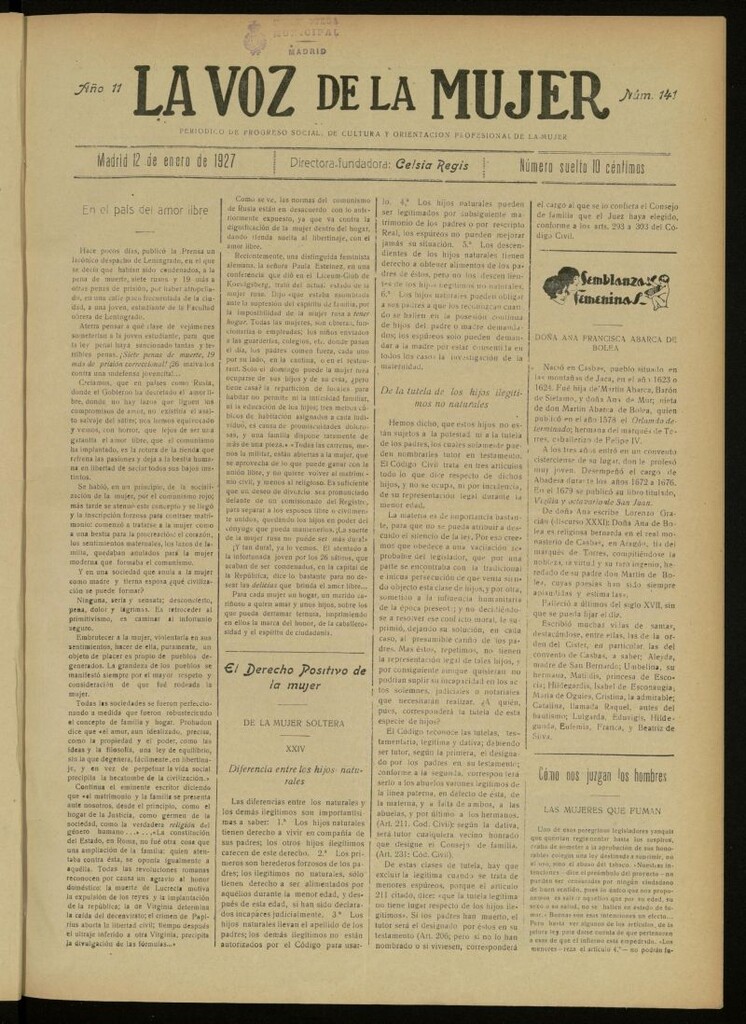 Miniatura de La Voz de la Mujer: revista mensual dedicada a la defensa de la mujer española del 12 de enero de 1927, nº 141