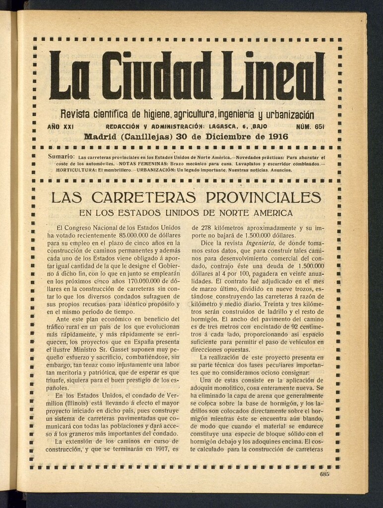 Miniatura de La Ciudad Lineal : órgano oficial de la Compañía Madrileña de Urbanización del 30 de diciembre de 1916