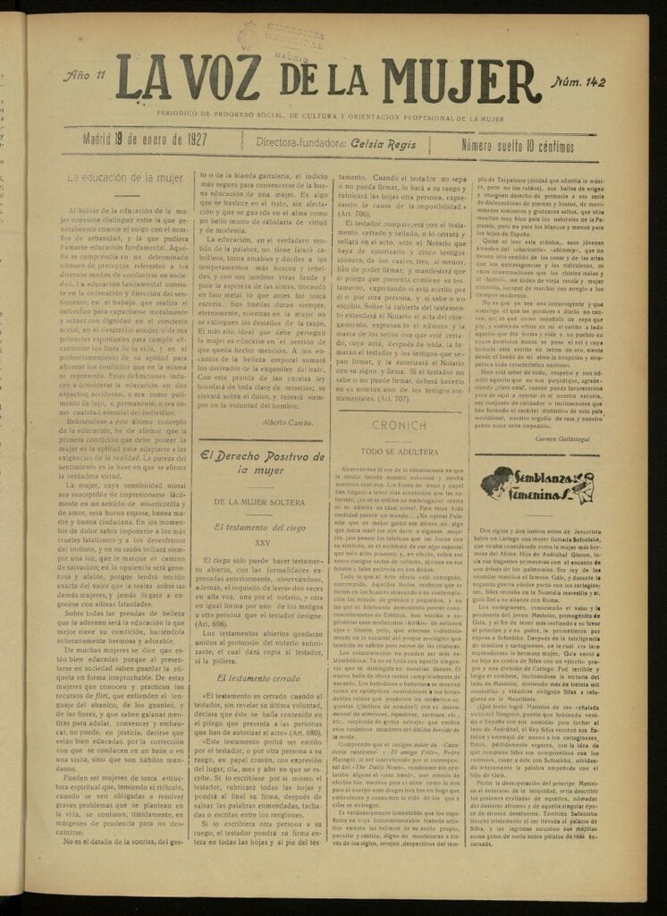 Miniatura de La Voz de la Mujer: revista mensual dedicada a la defensa de la mujer española del 19 de enero de 1927, nº 142