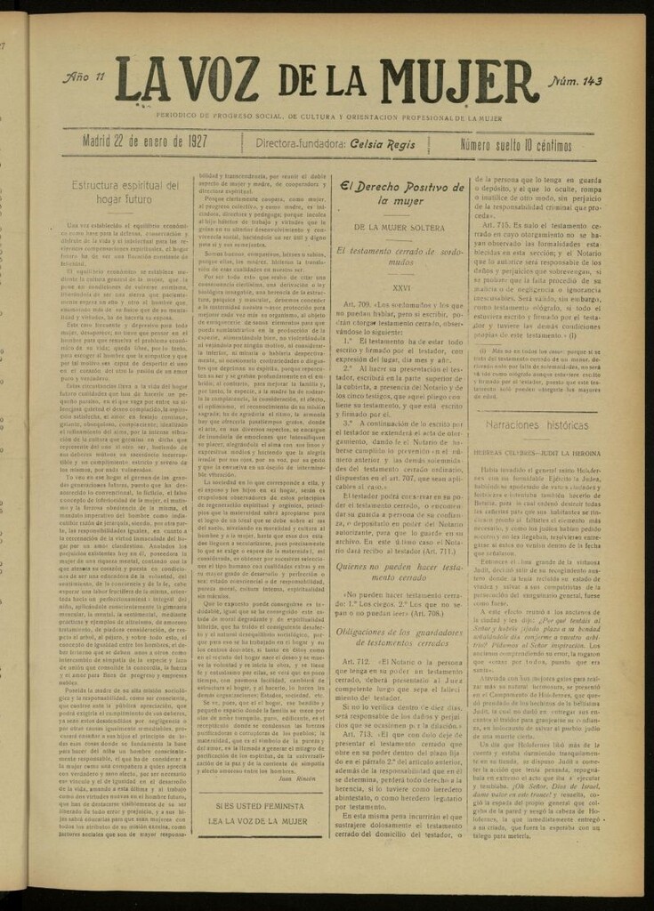 Miniatura de La Voz de la Mujer: revista mensual dedicada a la defensa de la mujer española del 22 de enero de 1927, nº 143