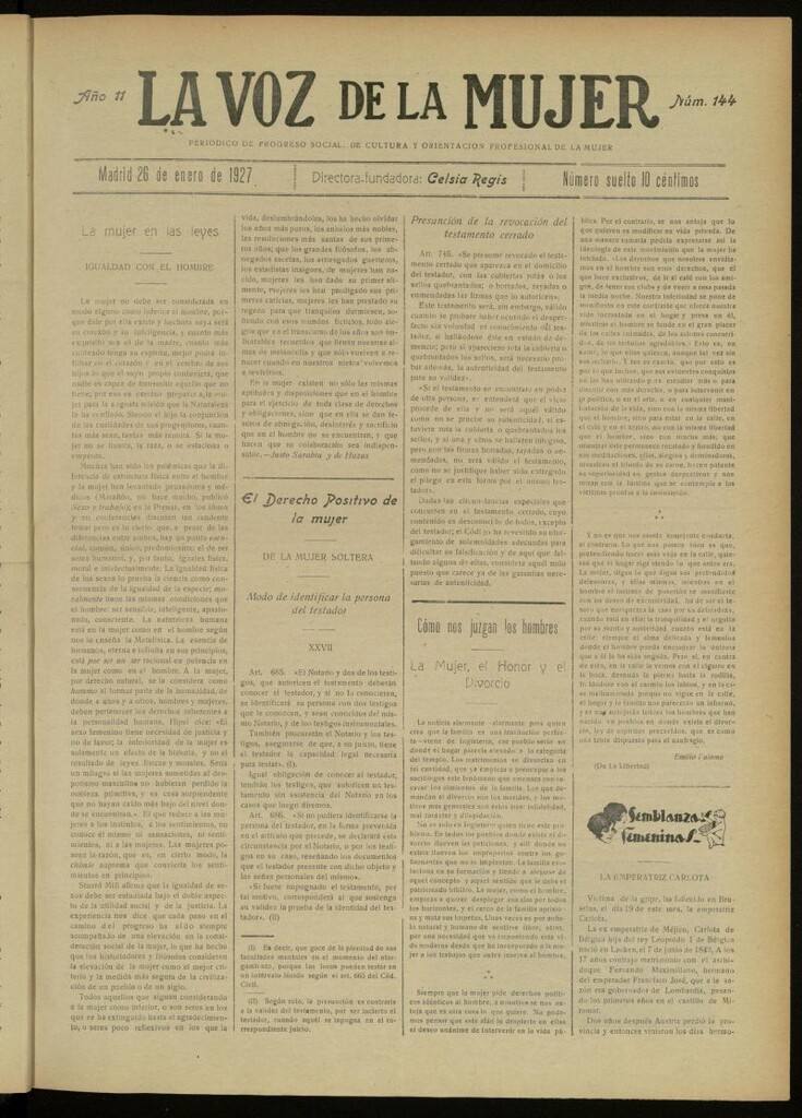 Miniatura de La Voz de la Mujer: revista mensual dedicada a la defensa de la mujer española del 26 de enero de 1927, nº 144