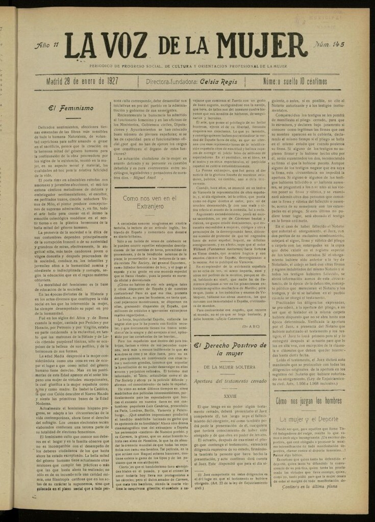 Miniatura de La Voz de la Mujer: revista mensual dedicada a la defensa de la mujer española del 29 de enero de 1927, nº 145