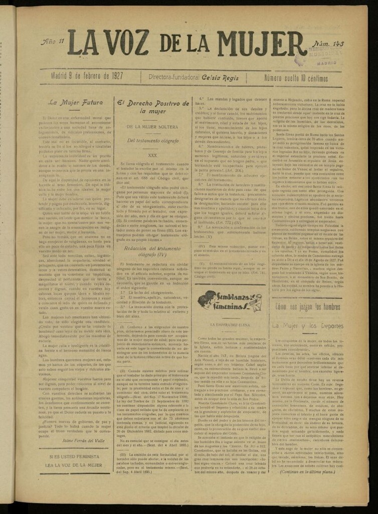 Miniatura de La Voz de la Mujer: revista mensual dedicada a la defensa de la mujer española del 9 de febrero de 1927, nº 146