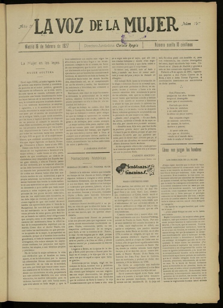 Miniatura de La Voz de la Mujer: revista mensual dedicada a la defensa de la mujer española del 16 de febrero de 1927, nº 147