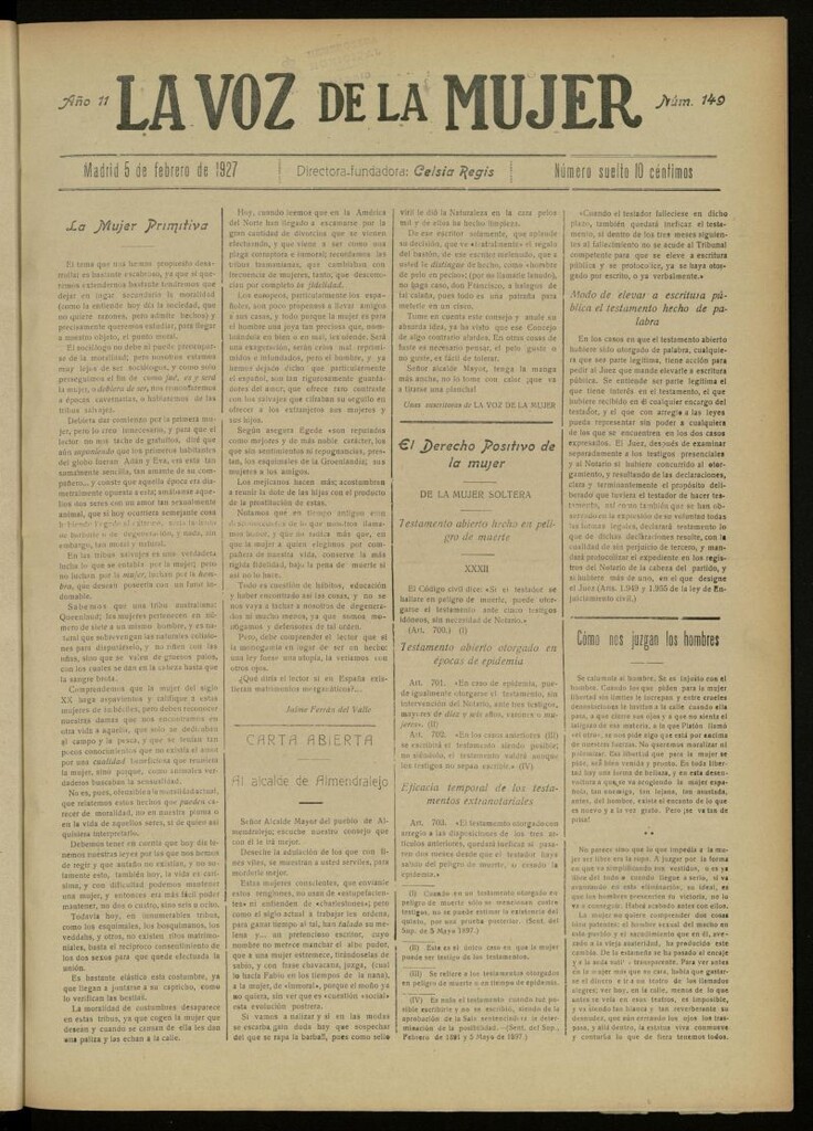Miniatura de La Voz de la Mujer: revista mensual dedicada a la defensa de la mujer española del 5 de febrero de 1927, nº 149