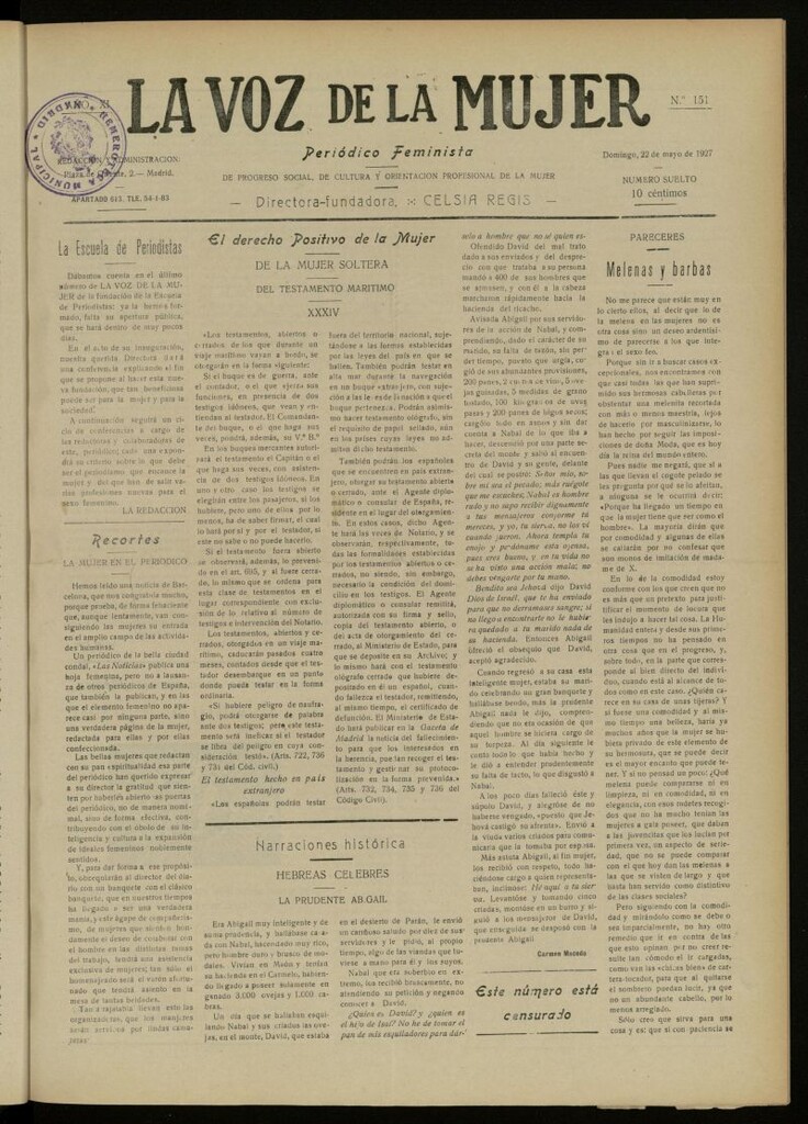 Miniatura de La Voz de la Mujer: revista mensual dedicada a la defensa de la mujer española del 22 de mayo de 1927, nº 151