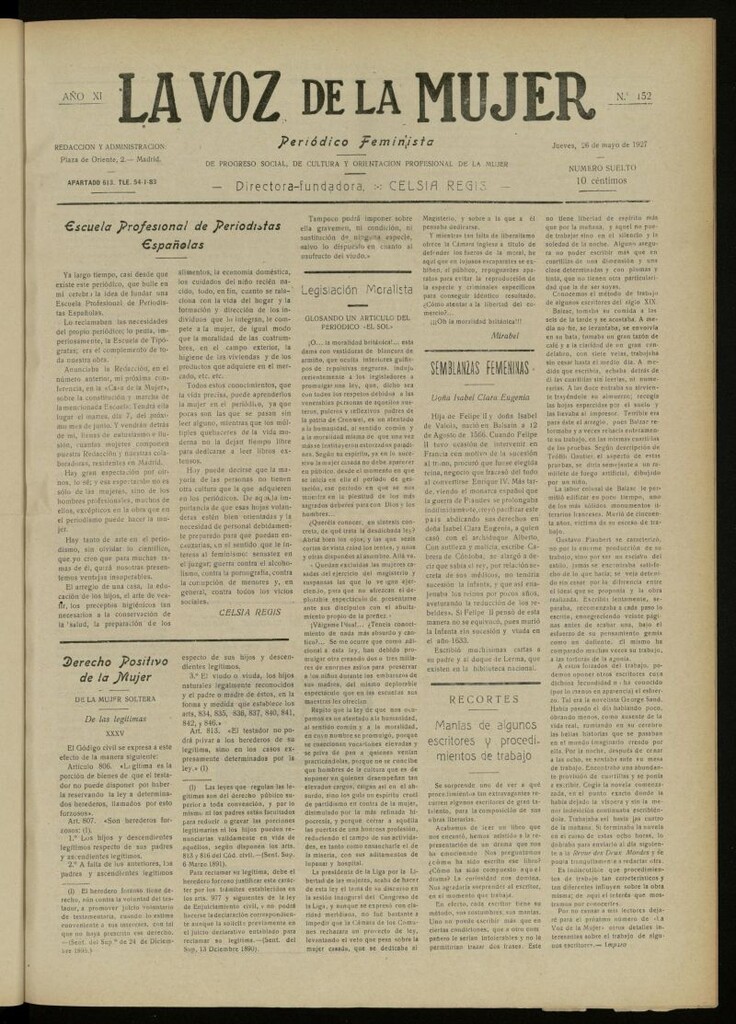 Miniatura de La Voz de la Mujer: revista mensual dedicada a la defensa de la mujer española del 26 de mayo de 1927, nº 152