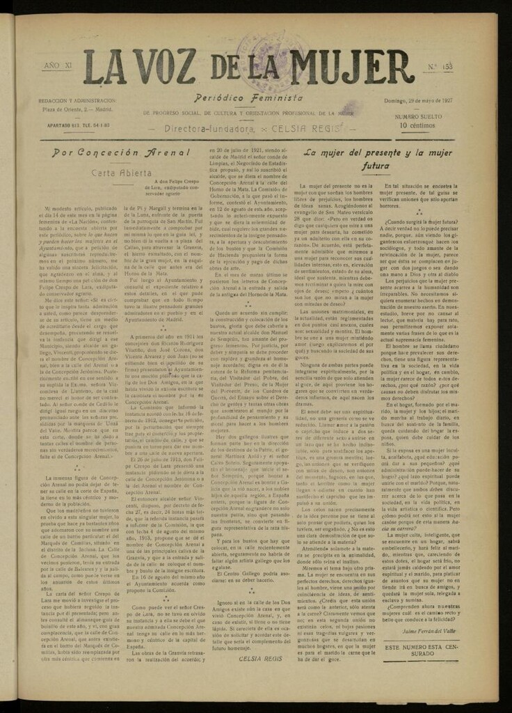Miniatura de La Voz de la Mujer: revista mensual dedicada a la defensa de la mujer española del 29 de mayo de 1927, nº 153