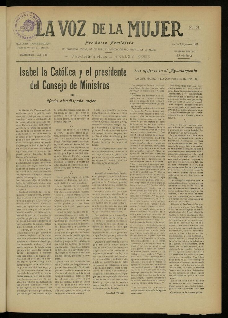 Miniatura de La Voz de la Mujer: revista mensual dedicada a la defensa de la mujer española del 2 de junio de 1927, nº 154