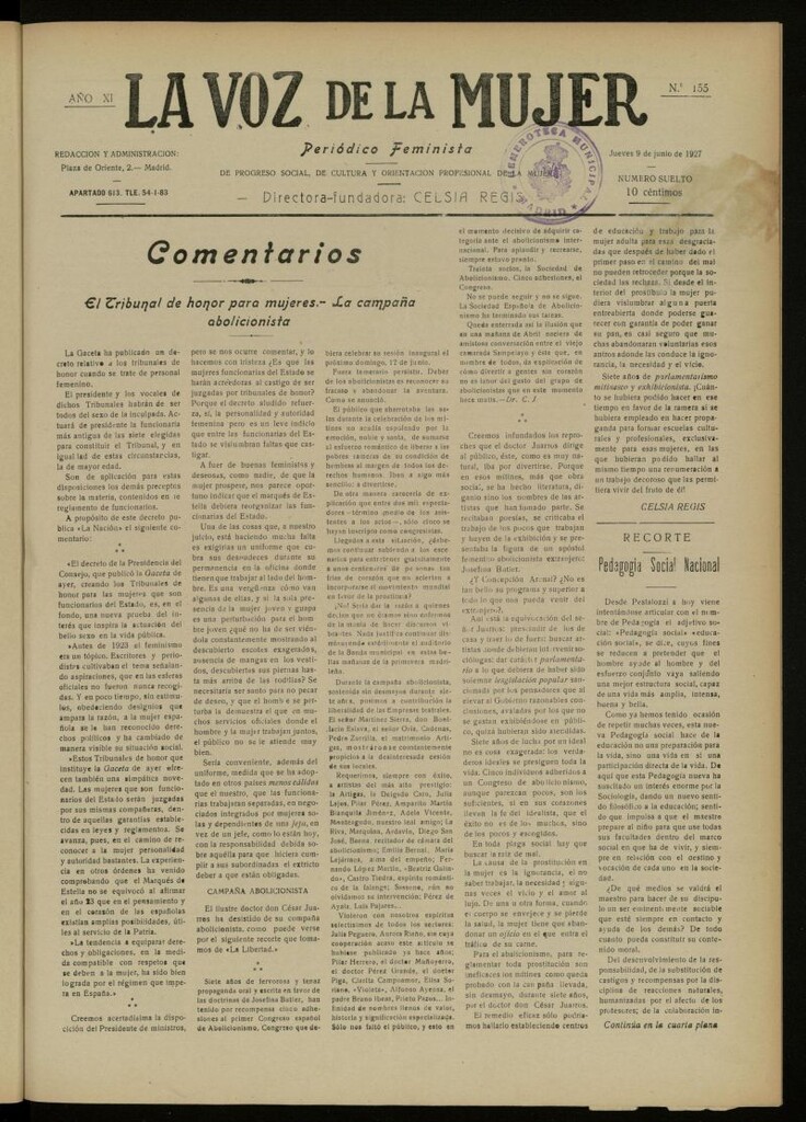Miniatura de La Voz de la Mujer: revista mensual dedicada a la defensa de la mujer española del 9 de junio de 1927, nº 155