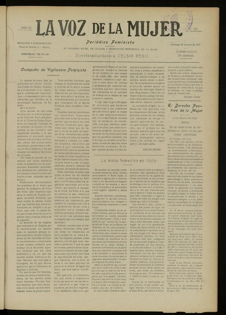 Miniatura de La Voz de la Mujer: revista mensual dedicada a la defensa de la mujer española del 26 de junio de 1927, nº 157