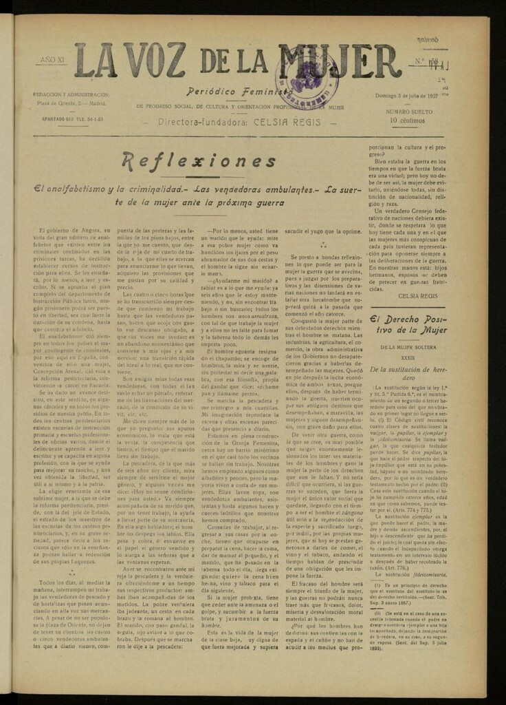 Miniatura de La Voz de la Mujer: revista mensual dedicada a la defensa de la mujer española del 3 de julio de 1927, nº 158