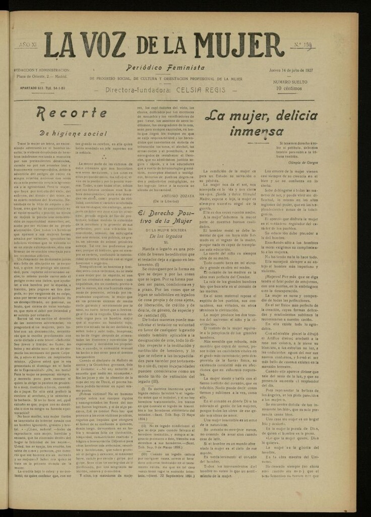 Miniatura de La Voz de la Mujer: revista mensual dedicada a la defensa de la mujer española del 14 de julio de 1927, nº 159