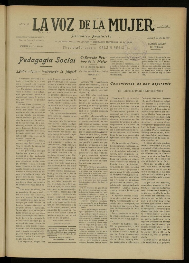 Miniatura de La Voz de la Mujer: revista mensual dedicada a la defensa de la mujer española del 21 de julio de 1927, nº 161