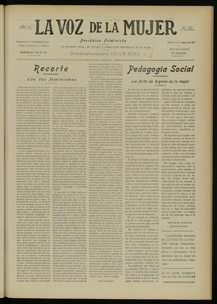 Miniatura de La Voz de la Mujer: revista mensual dedicada a la defensa de la mujer española del 11 de agosto de 1927, nº 162