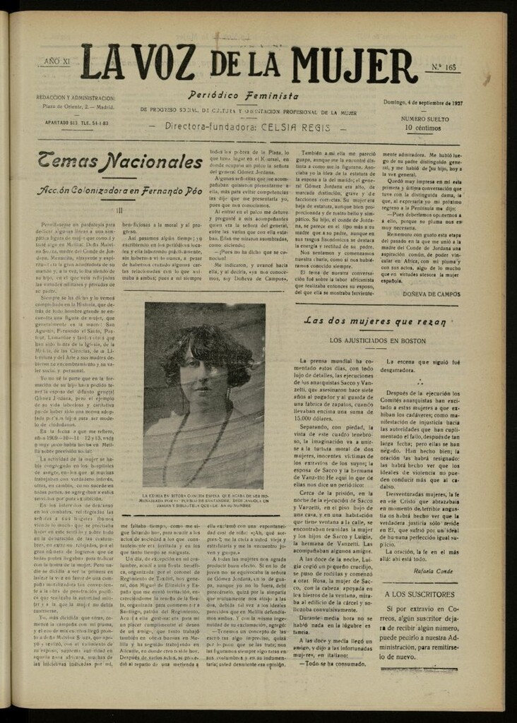 Miniatura de La Voz de la Mujer: revista mensual dedicada a la defensa de la mujer española del 4 de septiembre de 1927, nº 165