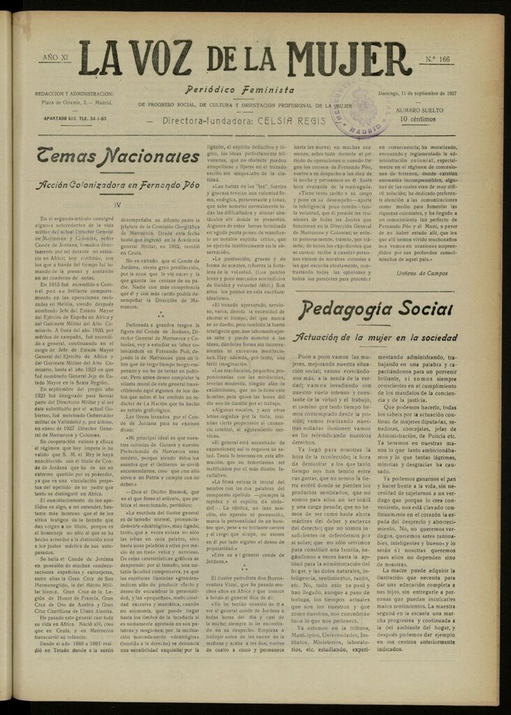 Miniatura de La Voz de la Mujer: revista mensual dedicada a la defensa de la mujer española del 11 de septiembre de 1927, nº 166