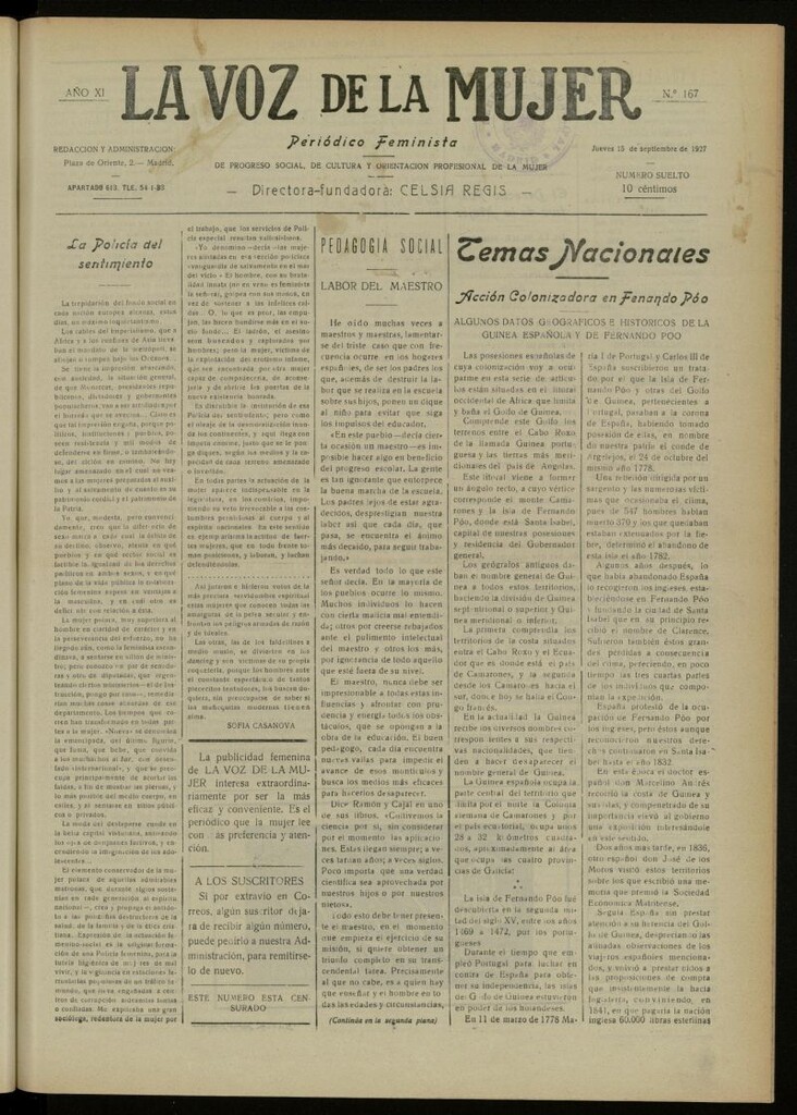 Miniatura de La Voz de la Mujer: revista mensual dedicada a la defensa de la mujer española del 15 de septiembre de 1927, nº 167