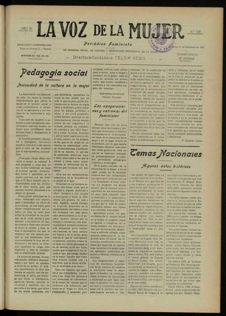 Miniatura de La Voz de la Mujer: revista mensual dedicada a la defensa de la mujer española del 18 de septiembre de 1927, nº 168