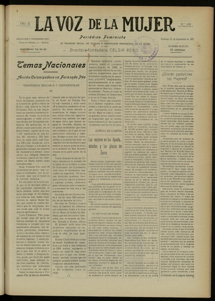 Miniatura de La Voz de la Mujer: revista mensual dedicada a la defensa de la mujer española del 25 de septiembre de 1927, nº 169