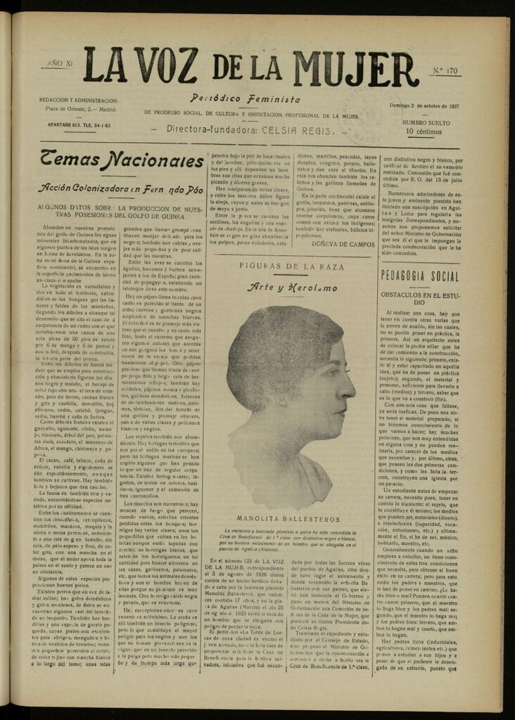 Miniatura de La Voz de la Mujer: revista mensual dedicada a la defensa de la mujer española del 2 de octubre de 1927, nº 170