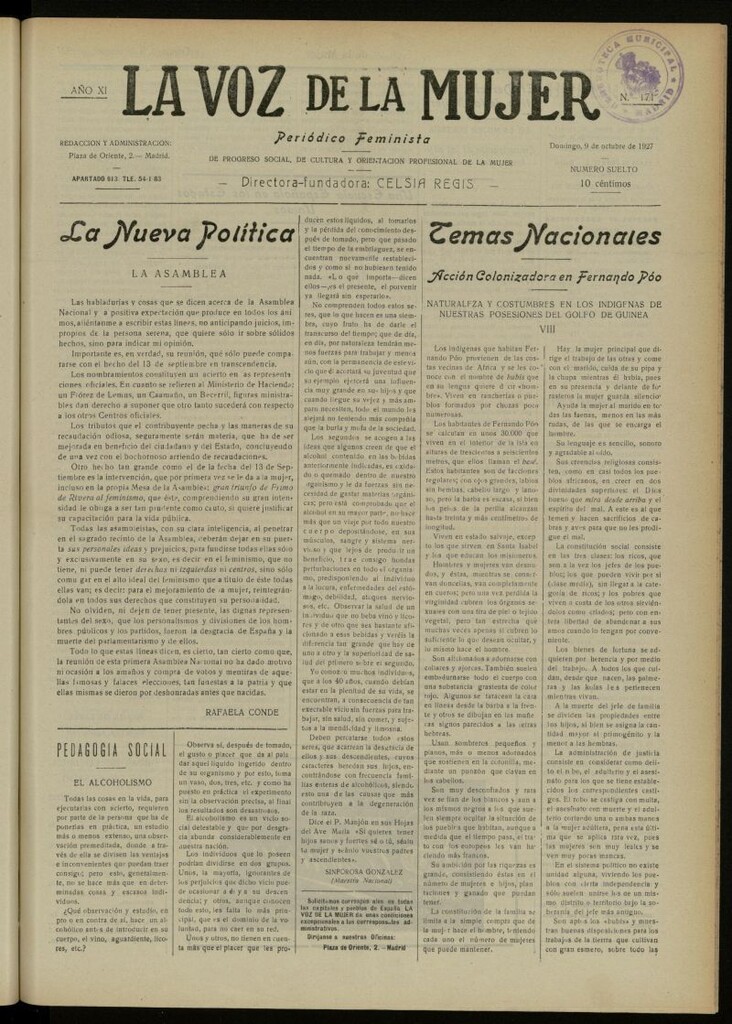 Miniatura de La Voz de la Mujer: revista mensual dedicada a la defensa de la mujer española del 9 de octubre de 1927, nº 171