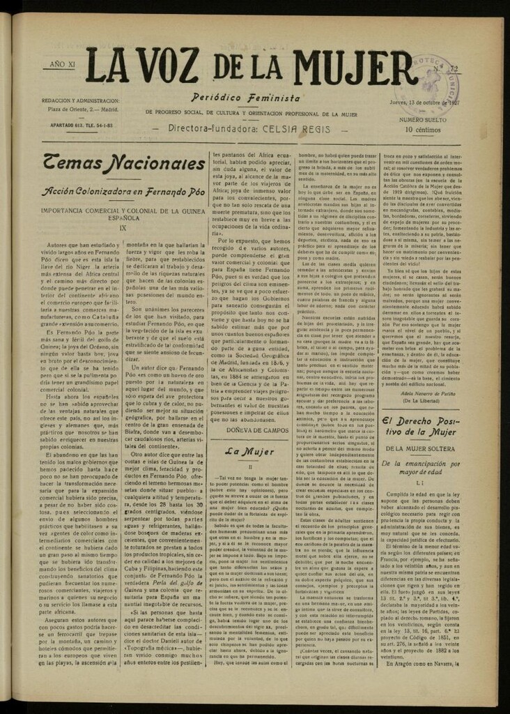 Miniatura de La Voz de la Mujer: revista mensual dedicada a la defensa de la mujer española del 13 de octubre de 1927, nº 172