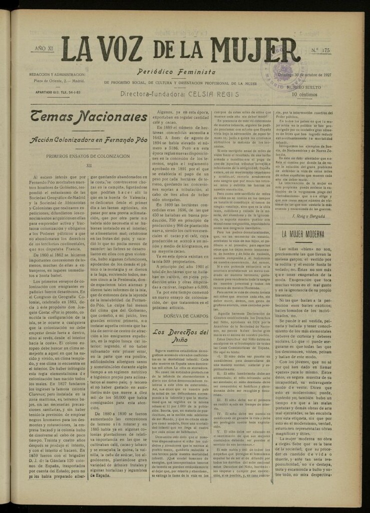 Miniatura de La Voz de la Mujer: revista mensual dedicada a la defensa de la mujer española del 30 de octubre de 1927, nº 175