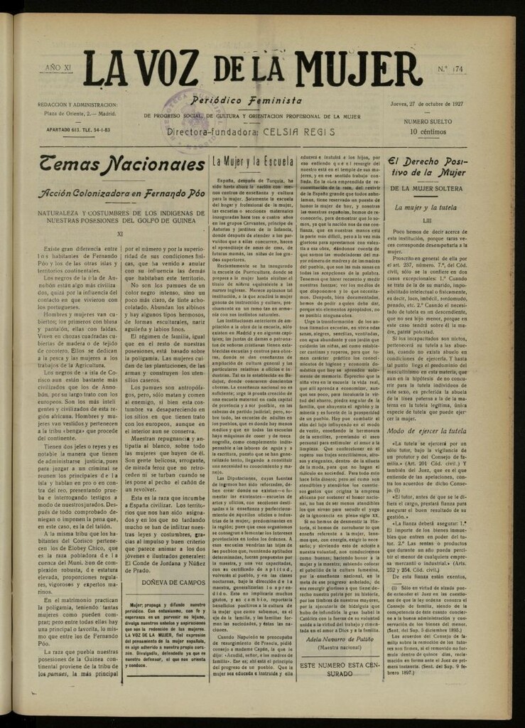 Miniatura de La Voz de la Mujer: revista mensual dedicada a la defensa de la mujer española del 27 de octubre de 1927, nº 174