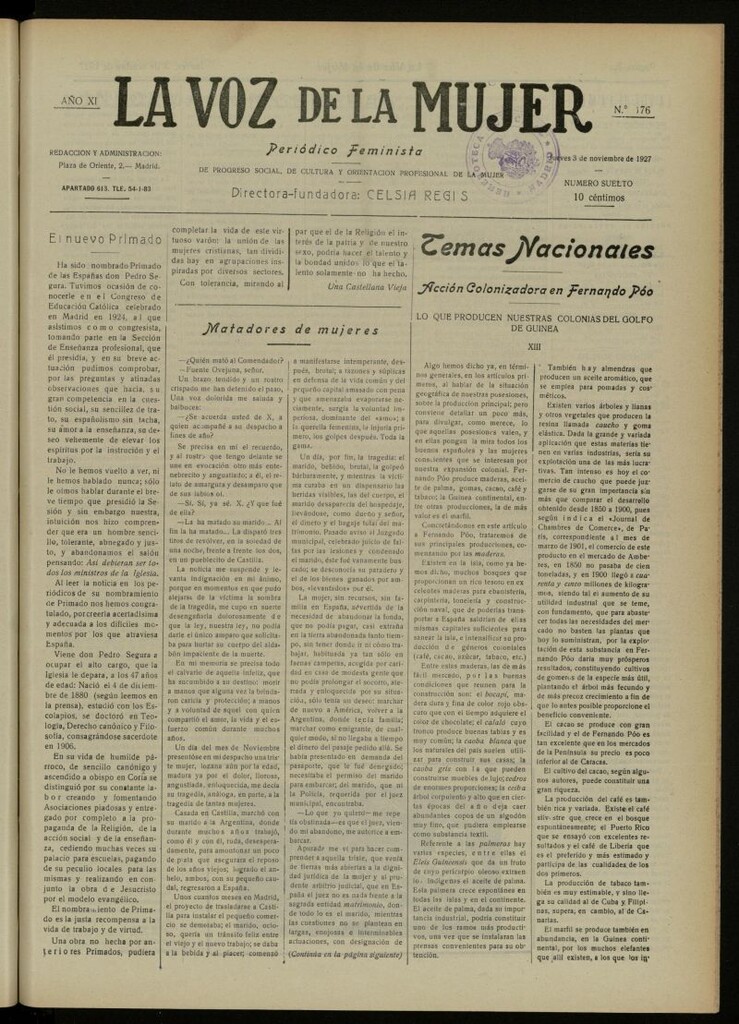 Miniatura de La Voz de la Mujer: revista mensual dedicada a la defensa de la mujer española del 3 de noviembre de 1927, nº 176