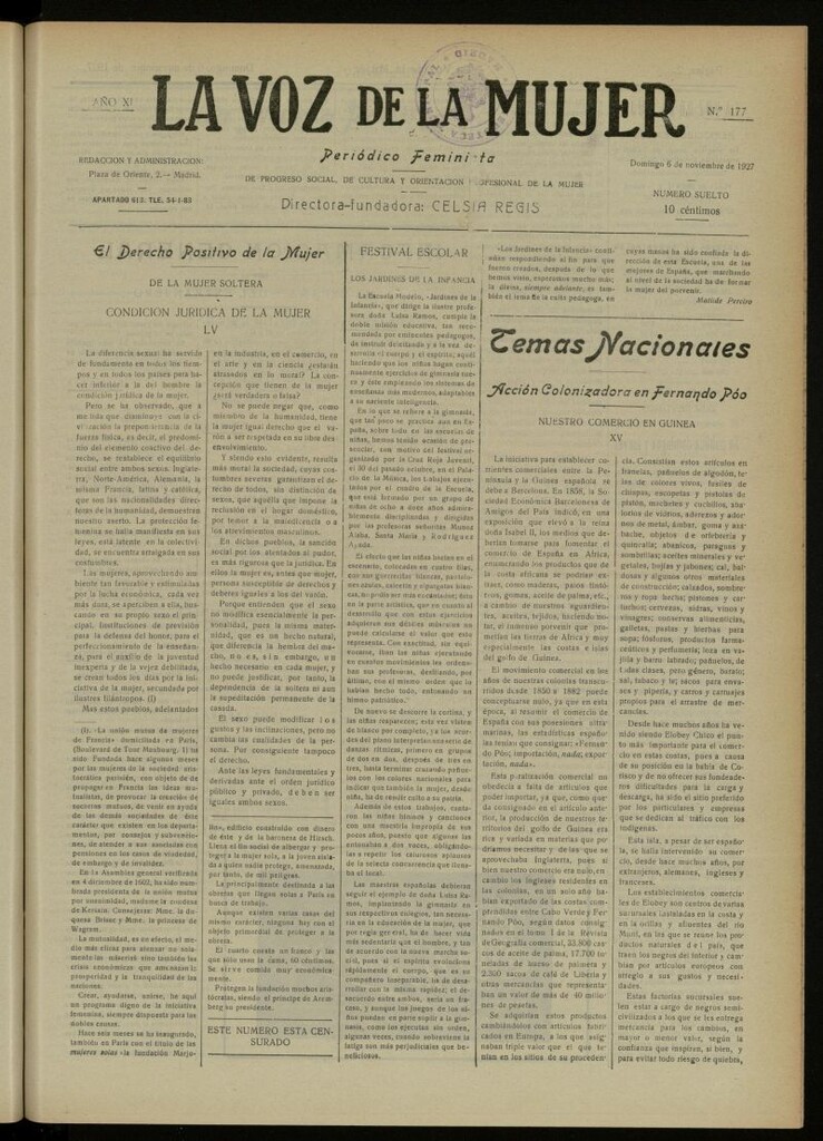 Miniatura de La Voz de la Mujer: revista mensual dedicada a la defensa de la mujer española del 6 de noviembre de 1927, nº 177