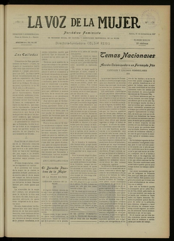 Miniatura de La Voz de la Mujer: revista mensual dedicada a la defensa de la mujer española del 10 de noviembre de 1927, nº 178