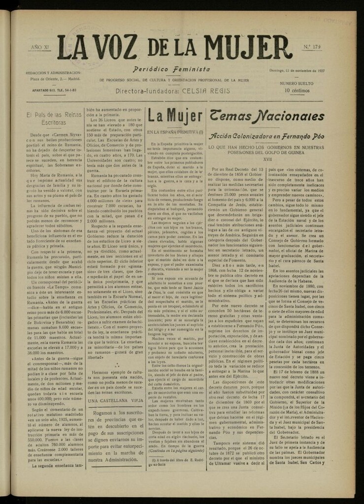 Miniatura de La Voz de la Mujer: revista mensual dedicada a la defensa de la mujer española del 13 de noviembre de 1927, nº 179