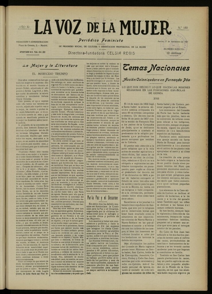 Miniatura de La Voz de la Mujer: revista mensual dedicada a la defensa de la mujer española del 17 de noviembre de 1927, nº 180