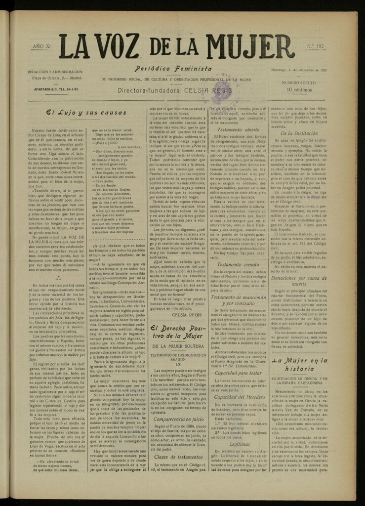 Miniatura de La Voz de la Mujer: revista mensual dedicada a la defensa de la mujer española del 4 de diciembre de 1927, nº 182
