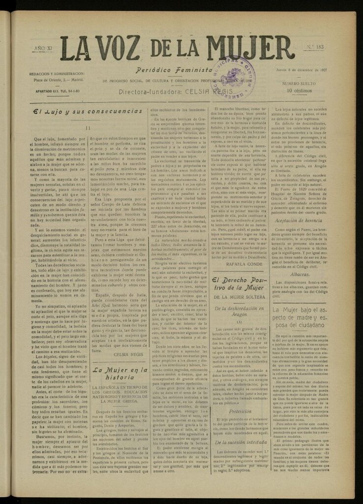 Miniatura de La Voz de la Mujer: revista mensual dedicada a la defensa de la mujer española del 8 de diciembre de 1927, nº 183