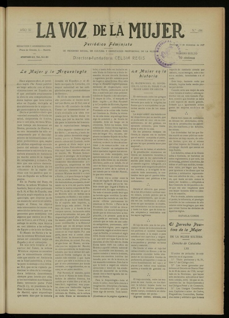 Miniatura de La Voz de la Mujer: revista mensual dedicada a la defensa de la mujer española del 11 de diciembre de 1927, nº 184