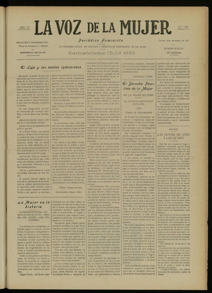 Miniatura de La Voz de la Mujer: revista mensual dedicada a la defensa de la mujer española del 14 de diciembre de 1927, nº 185