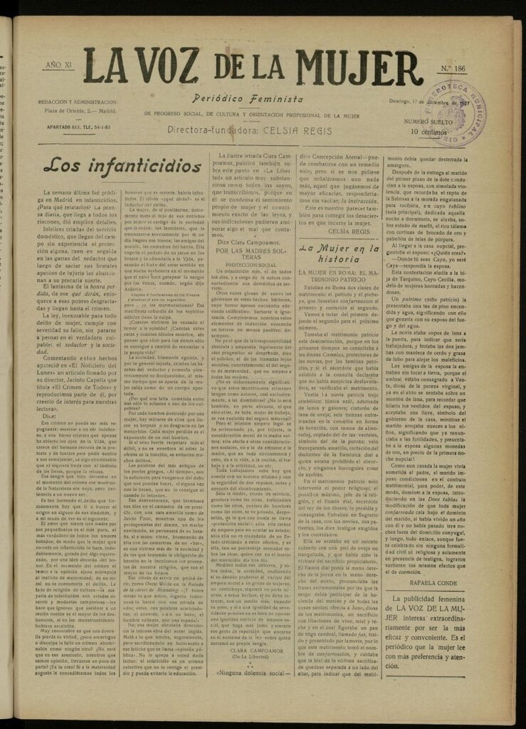 Miniatura de La Voz de la Mujer: revista mensual dedicada a la defensa de la mujer española del 17 de diciembre de 1927, nº 186