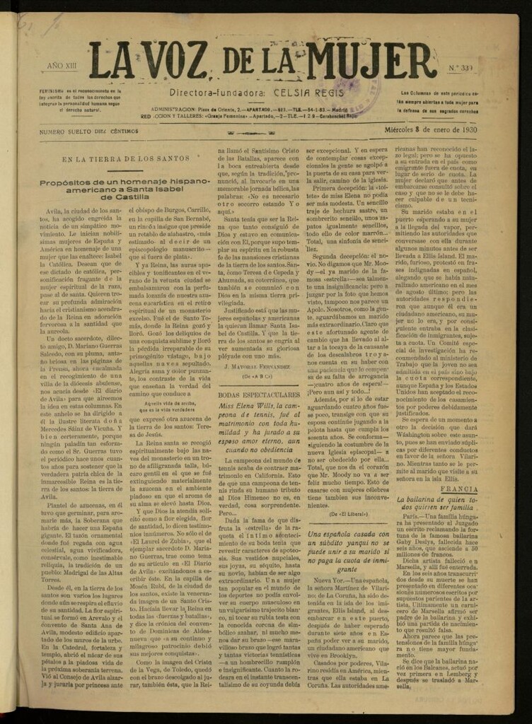 Miniatura de La Voz de la Mujer: revista mensual dedicada a la defensa de la mujer española del 8 de enero de 1930, nº 339