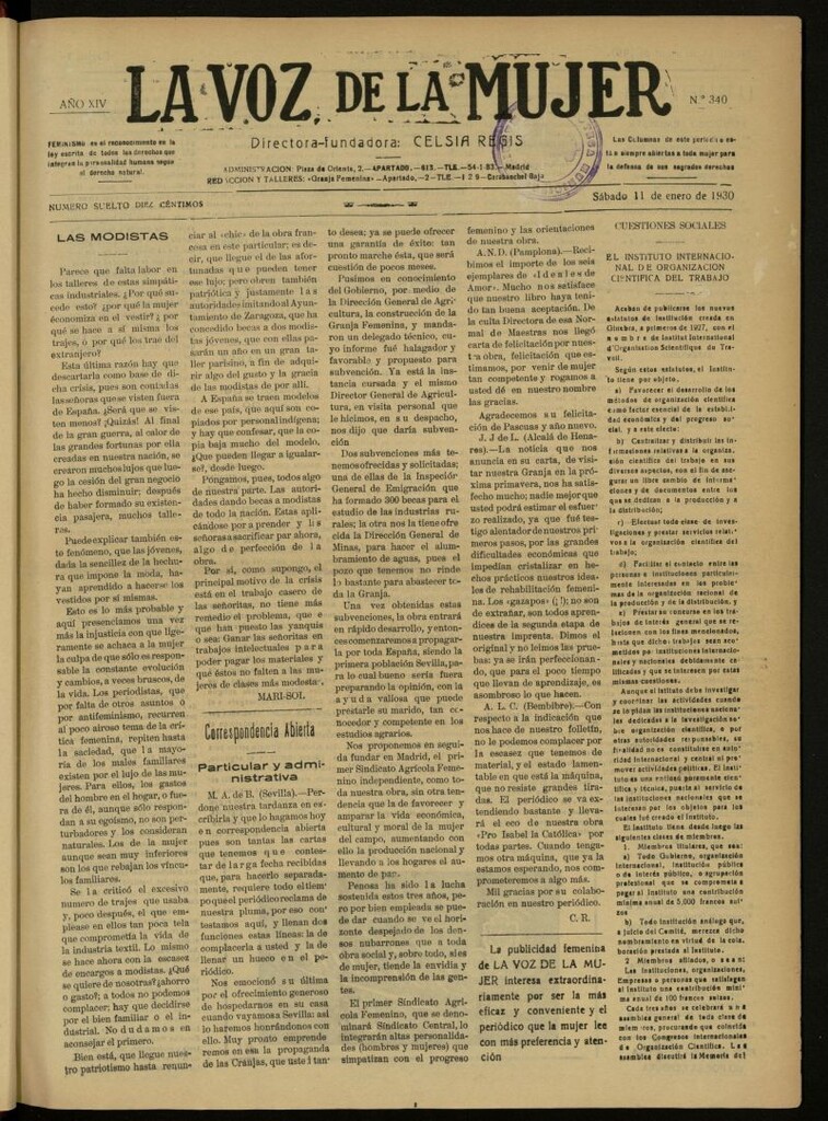 Miniatura de La Voz de la Mujer: revista mensual dedicada a la defensa de la mujer española del 11 de enero de 1930, nº 340