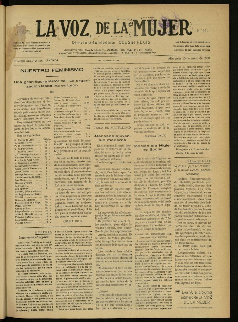 Miniatura de La Voz de la Mujer: revista mensual dedicada a la defensa de la mujer española del 15 de enero de 1930, nº 341