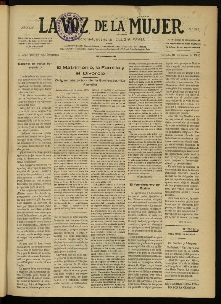 Miniatura de La Voz de la Mujer: revista mensual dedicada a la defensa de la mujer española del 18 de enero de 1930, nº 342