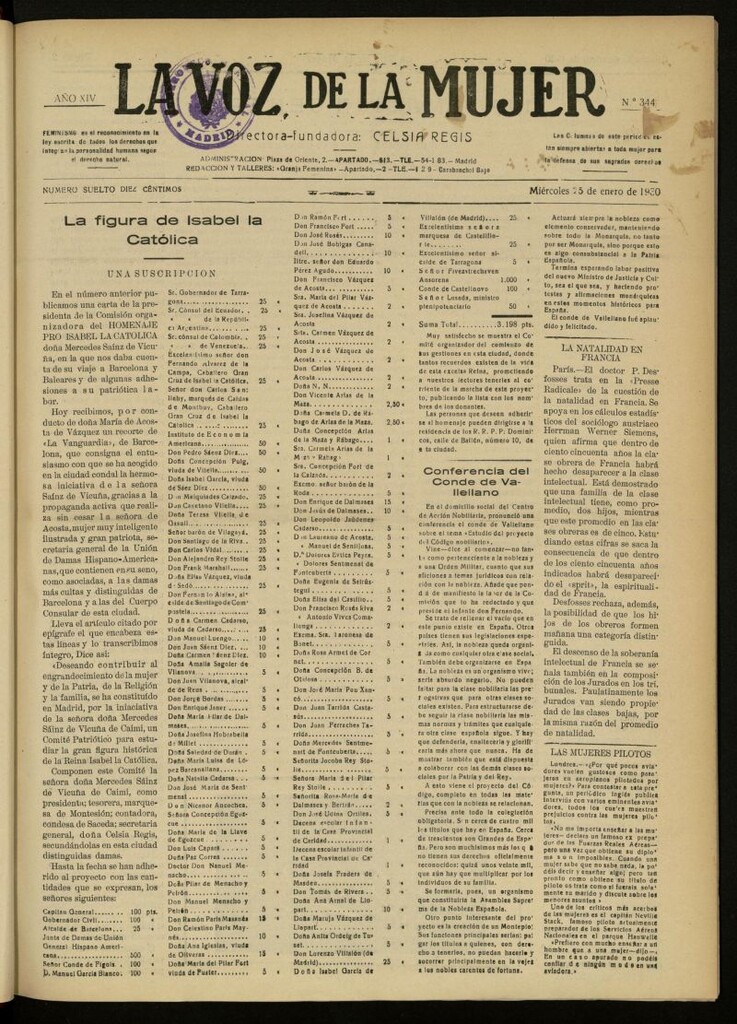 Miniatura de La Voz de la Mujer: revista mensual dedicada a la defensa de la mujer española del 25 de enero de 1930, nº 344