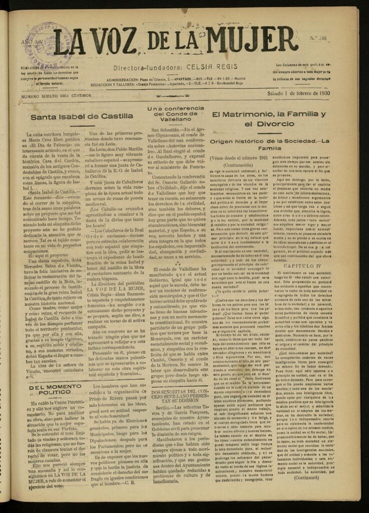Miniatura de La Voz de la Mujer: revista mensual dedicada a la defensa de la mujer española del 1 de febrero de 1930, nº 346