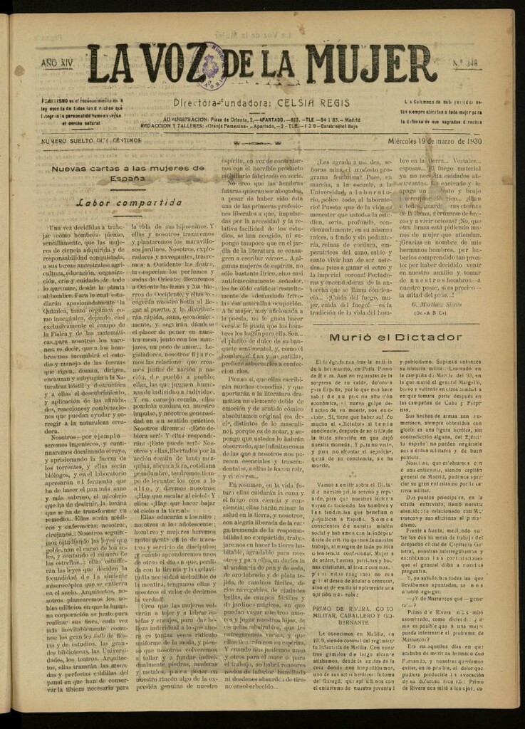 Miniatura de La Voz de la Mujer: revista mensual dedicada a la defensa de la mujer española del 19 de marzo de 1930, nº 348