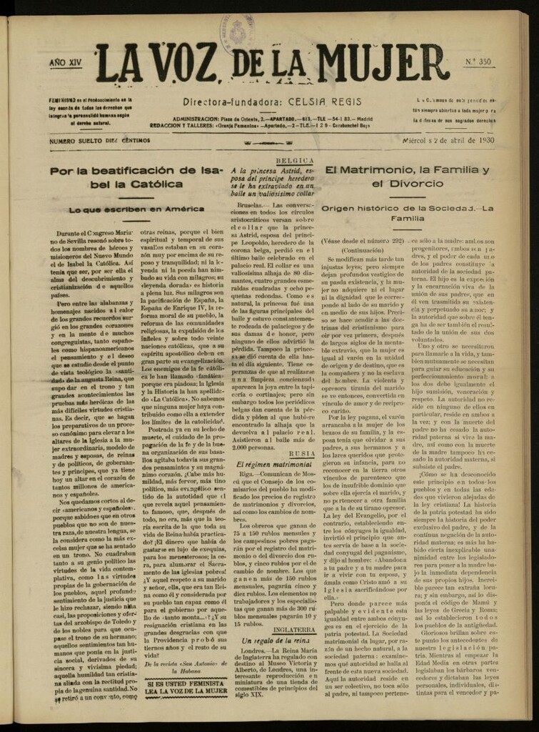 Miniatura de La Voz de la Mujer: revista mensual dedicada a la defensa de la mujer española del 2 de abril de 1930, nº 350