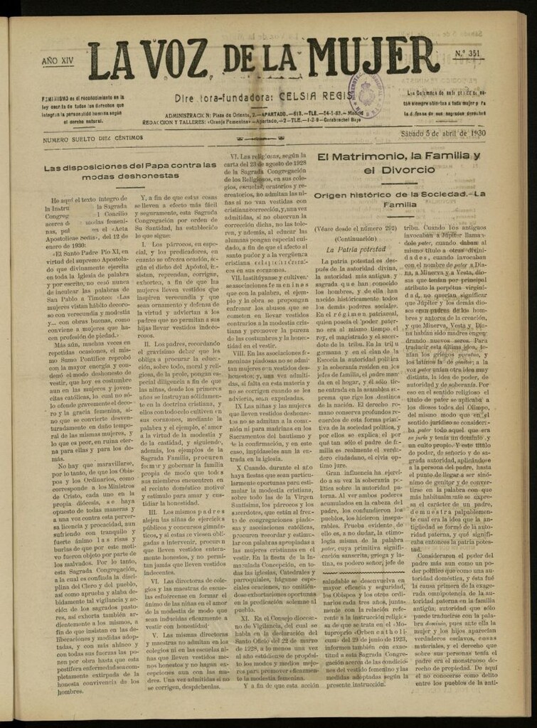 Miniatura de La Voz de la Mujer: revista mensual dedicada a la defensa de la mujer española del 5 de abril de 1930, nº 351