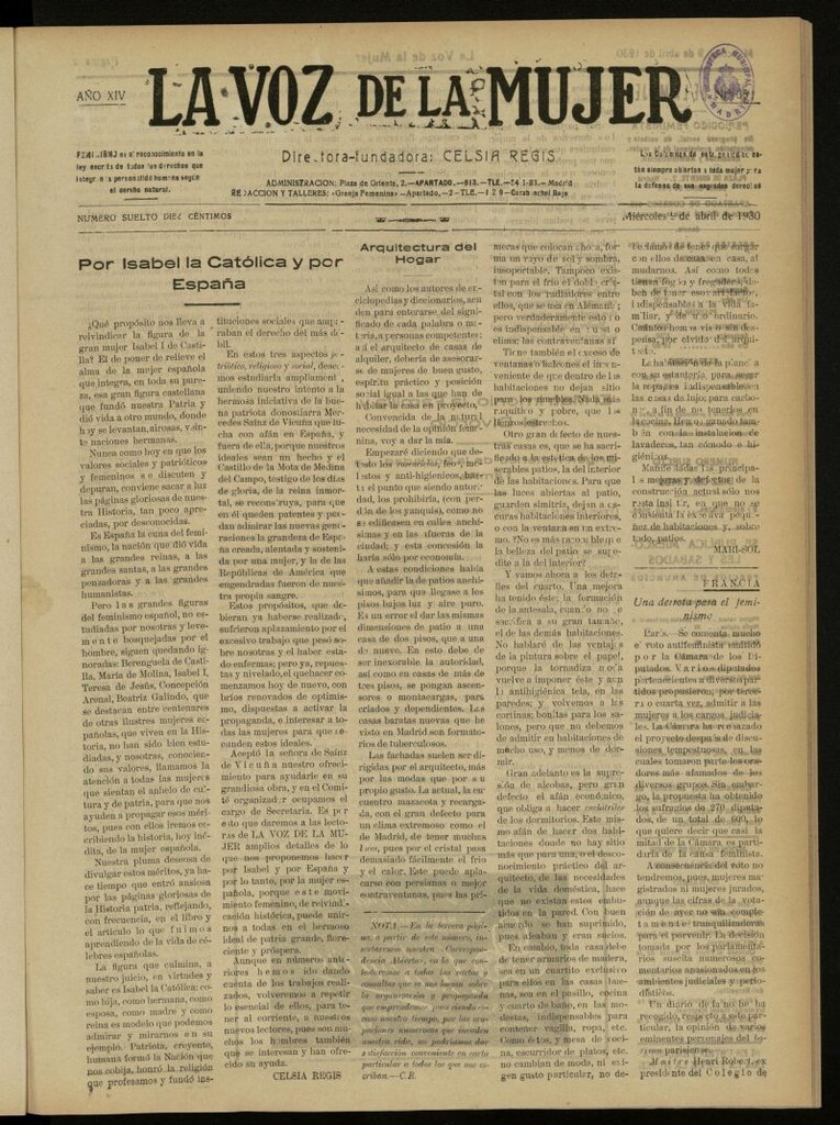 Miniatura de La Voz de la Mujer: revista mensual dedicada a la defensa de la mujer española del 9 de abril de 1930, nº 352